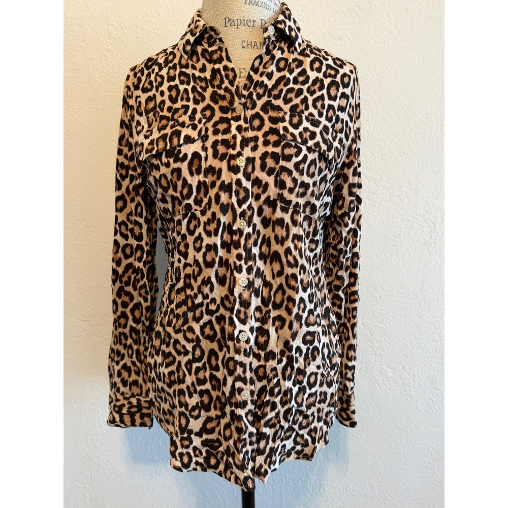 Chicos Leopard Print Button Down Shirt Long Sleeve Animal Print Top Size 0 S 4/6